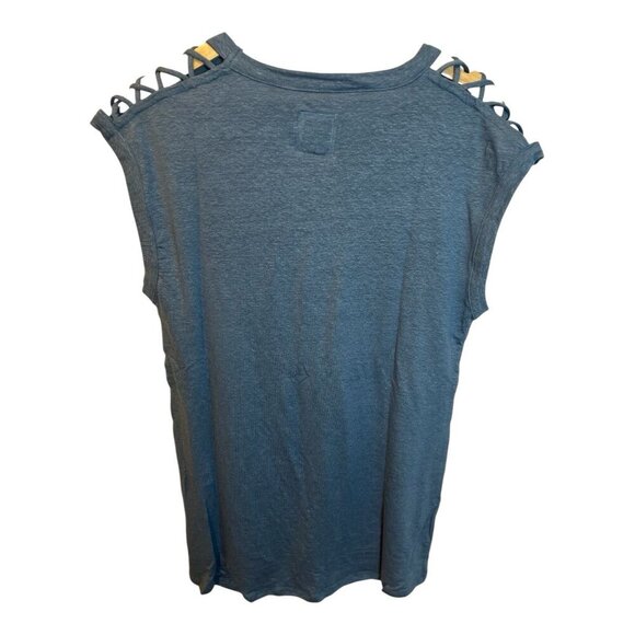 Chaser Linen Short Sleeve Top Size Medium Blue Cut Out Detail High Low Hem NWT - Picture 7 of 7